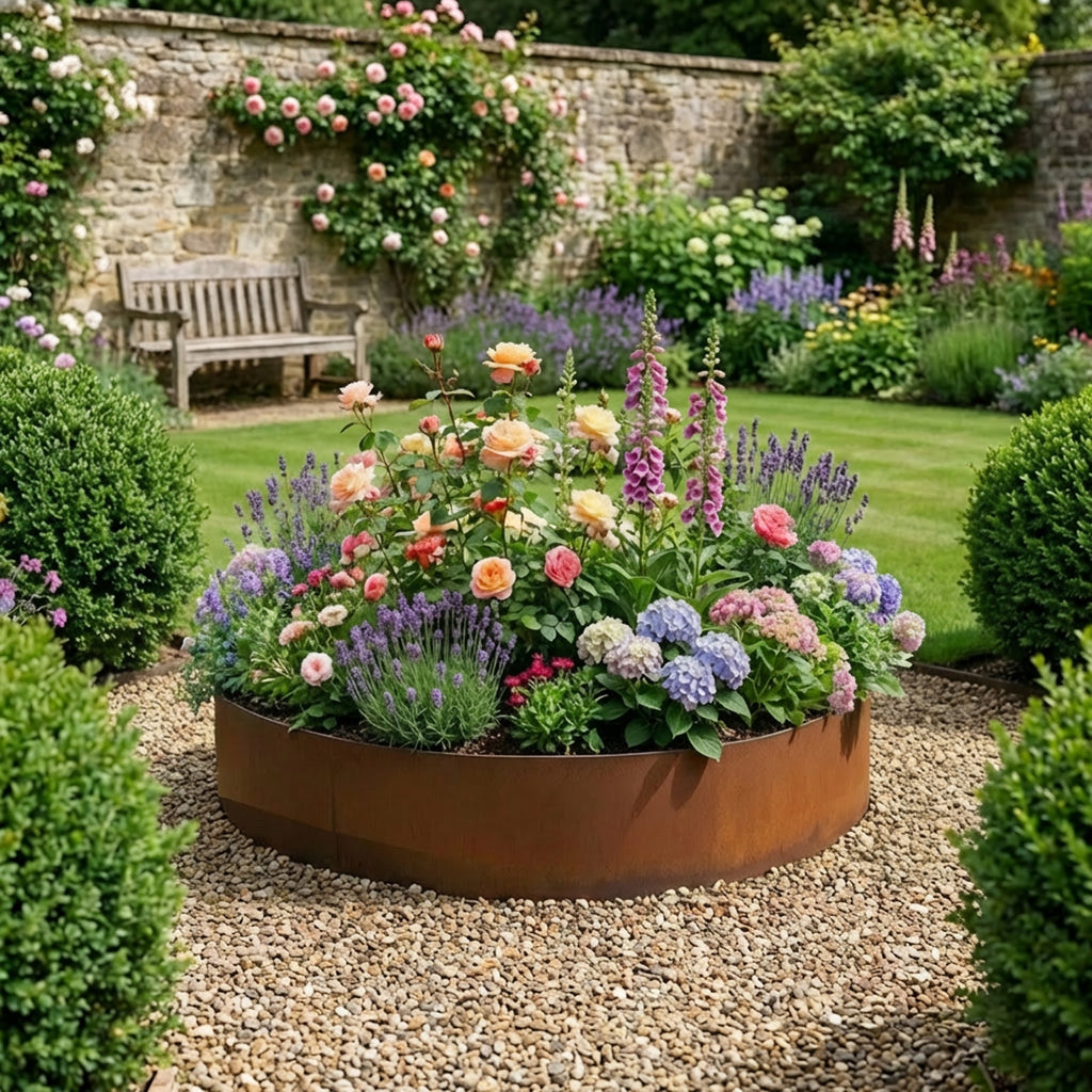 Circular Rustic Steel Planter with Base - 900mm Diameter x 400mm Height