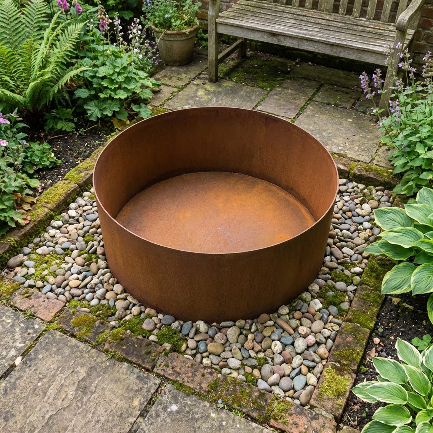 Circular Rustic Steel Planter with Base - 600mm Diameter x 300mm Height