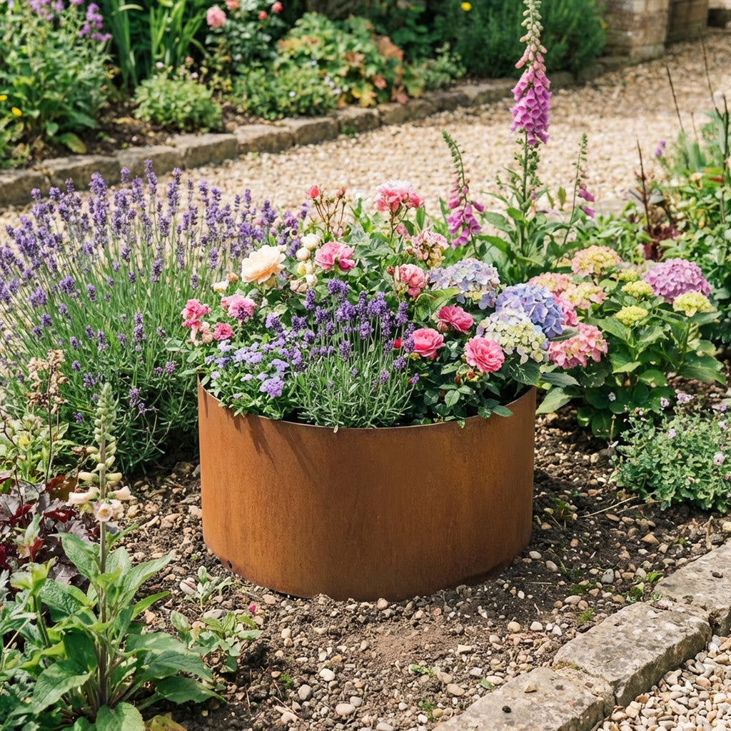 Circular Rustic Steel Planter with Base - 400mm Diameter x 300mm Height