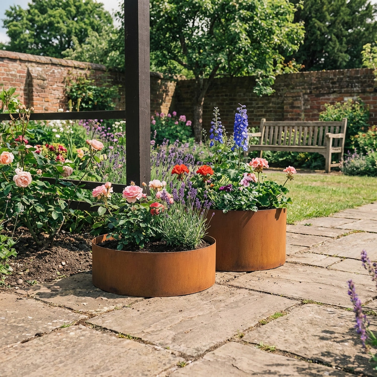 Circular Rustic Steel Planter with Base - 400mm Diameter x 200mm Height