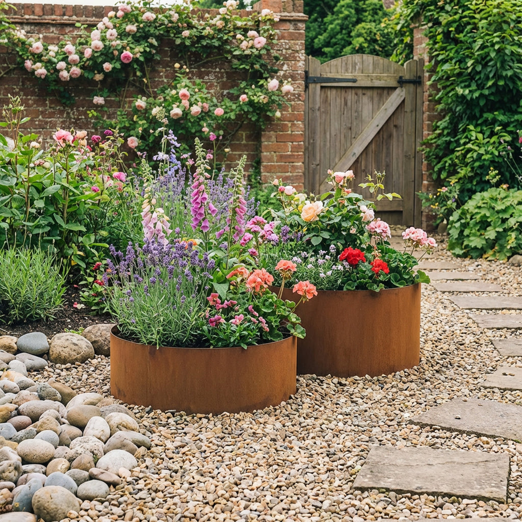 Circular Rustic Steel Planter with Base - 400mm Diameter x 300mm Height