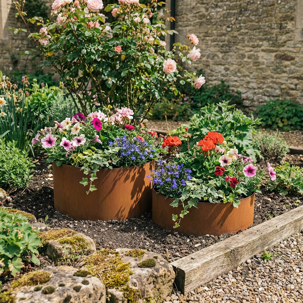 Circular Rustic Steel Planter with Base - 400mm Diameter x 400mm Height