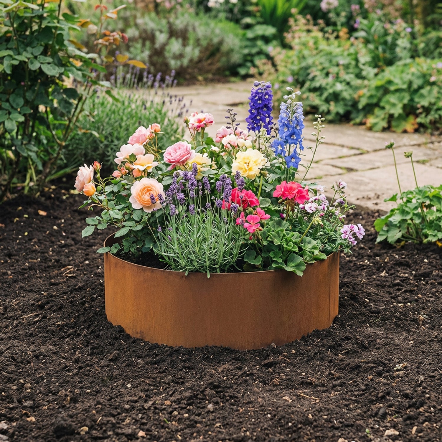 Circular Rustic Steel Planter with Base - 600mm Diameter x 120mm Height