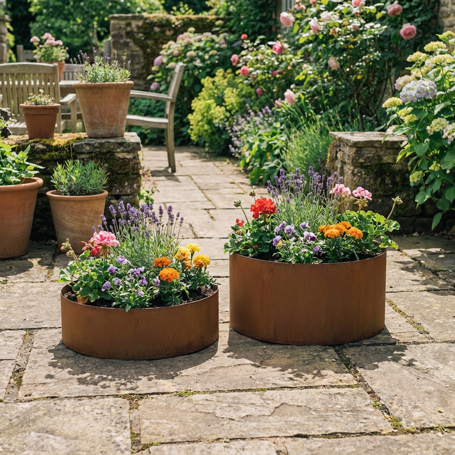 Circular Rustic Steel Planter with Base - 400mm Diameter x 120mm Height