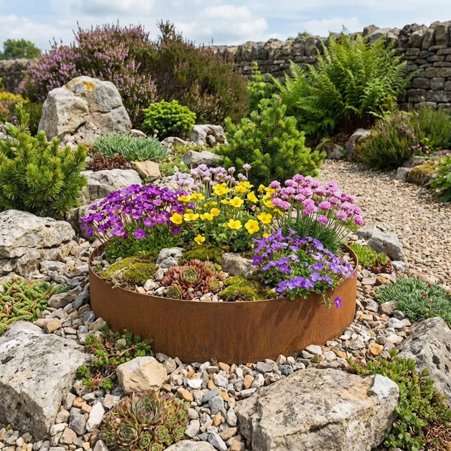 Circular Rustic Steel Planter with Base - 600mm Diameter x 120mm Height