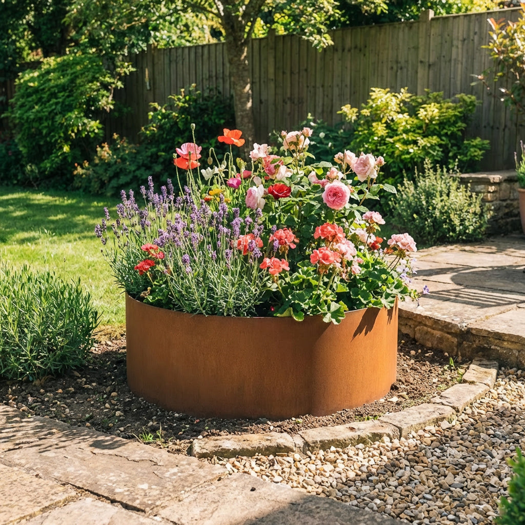 Circular Rustic Steel Planter with Base - 600mm Diameter x 300mm Height