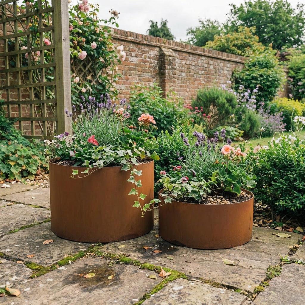 Circular Rustic Steel Planter with Base - 600mm Diameter x 600mm Height