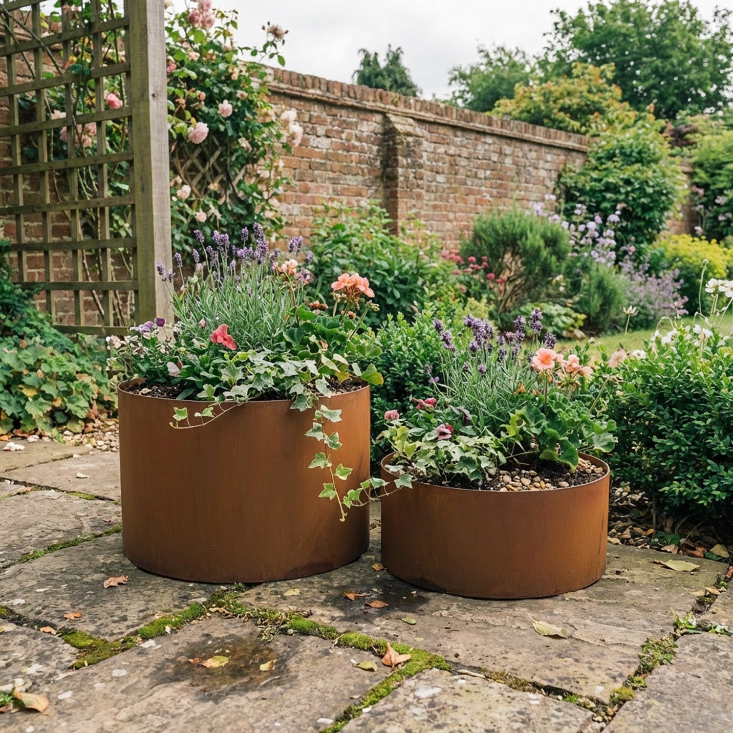 Circular Rustic Steel Planter with Base - 600mm Diameter x 600mm Height