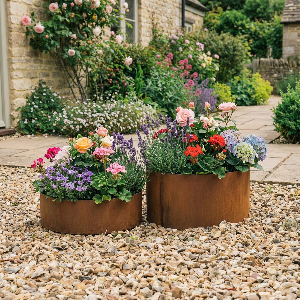 Circular Rustic Steel Planter with Base - 400mm Diameter x 120mm Height