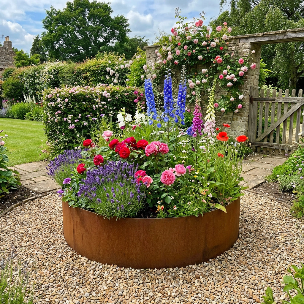 Circular Rustic Steel Planter with Base - 900mm Diameter x 600mm Height