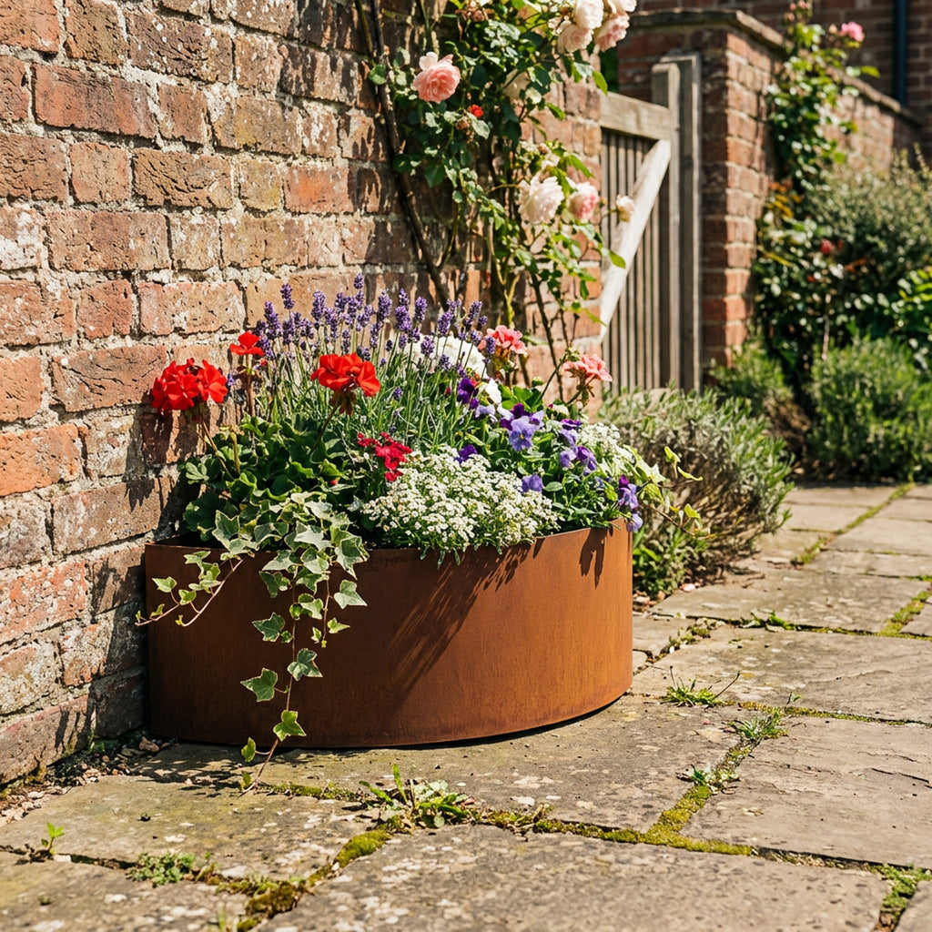 Semi Circular Rustic Steel Planter - 600mm Diameter x 120mm Height