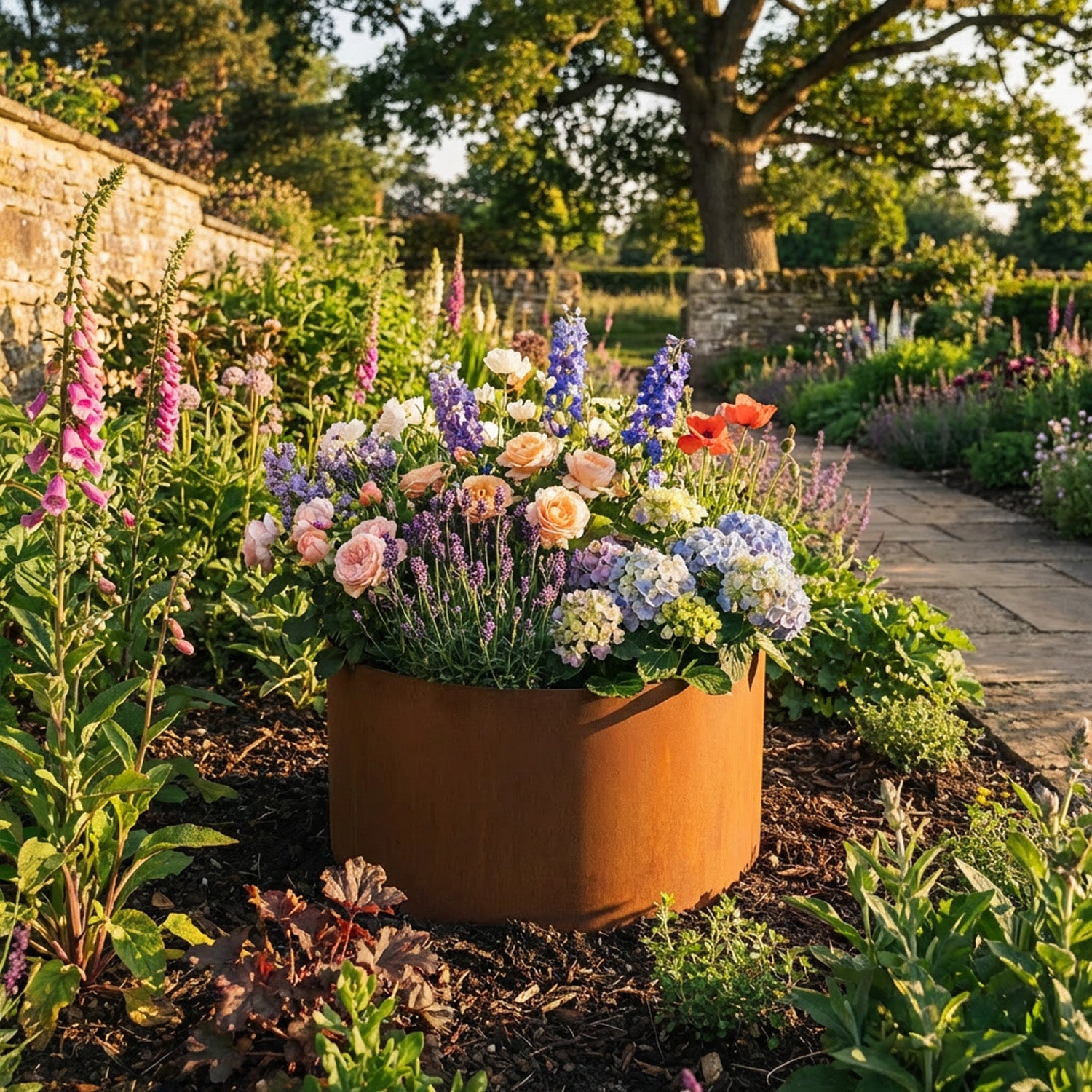Circular Rustic Steel Planter & Tree Ring - 600mm Diameter x 400mm Height