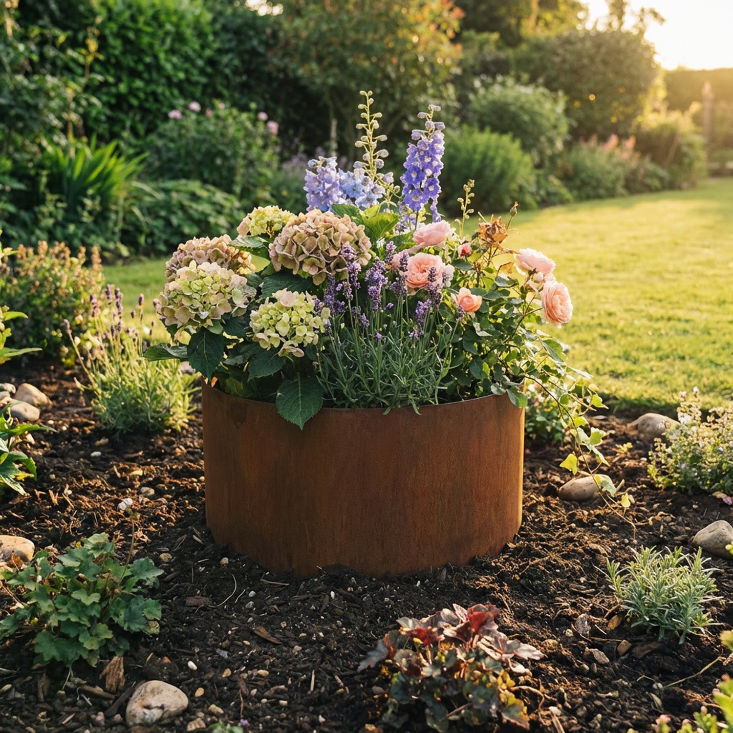 Circular Rustic Steel Planter & Tree Ring - 400mm Diameter x 200mm Height