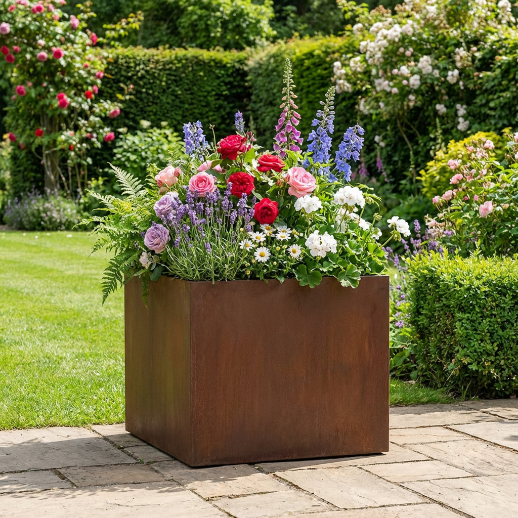 Square Rustic Steel Planter - 400mm x 400mm Top x 400mm Height