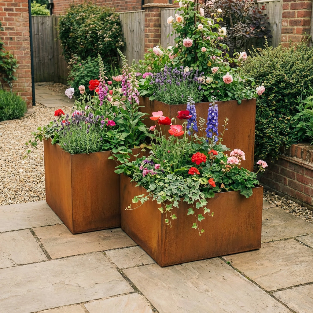 Square Rustic Steel Planter - 600mm x 600mm Top x 1000mm Height