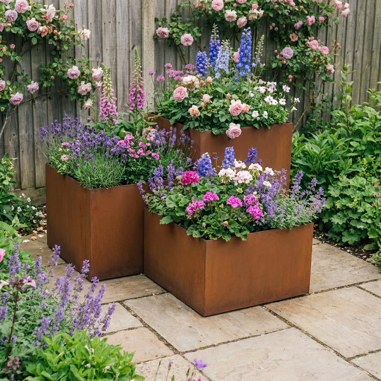 Square Rustic Steel Planter - 600mm x 600mm Top x 1000mm Height