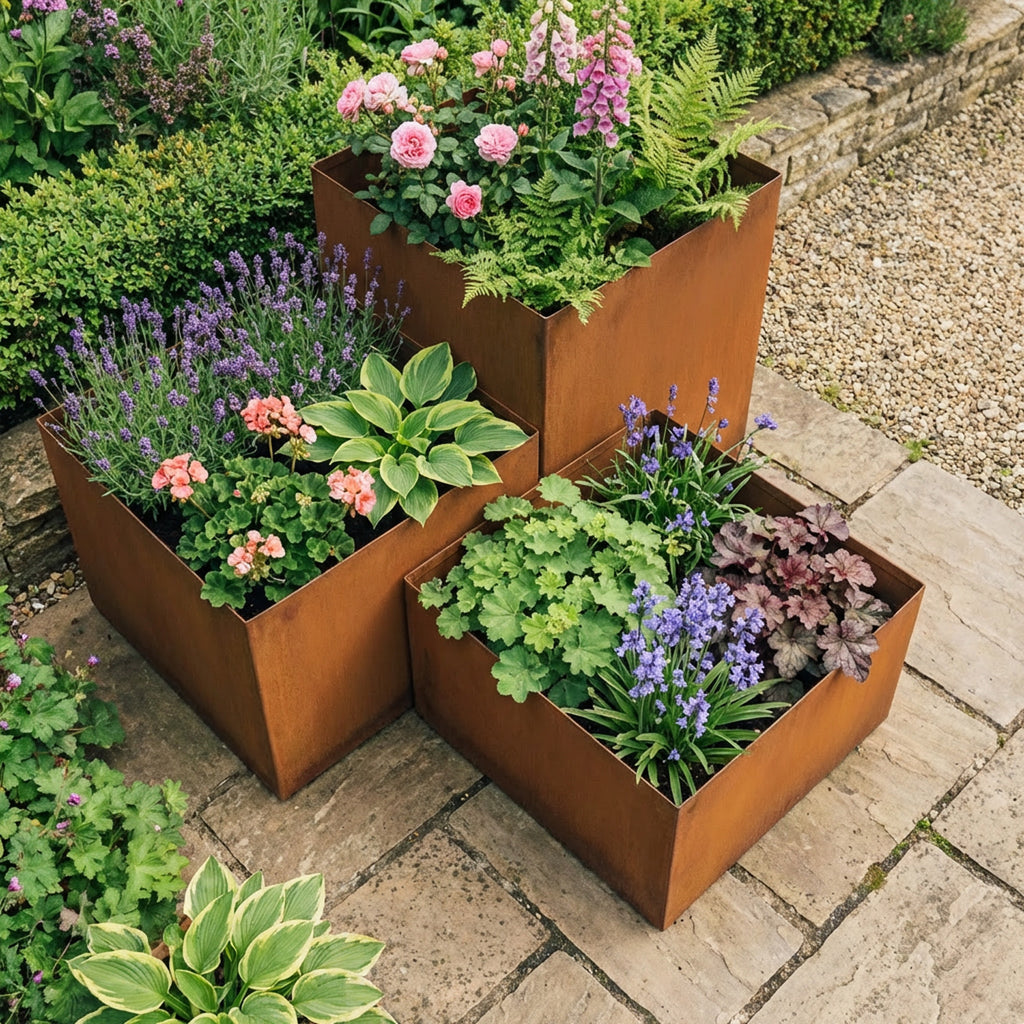 Square Rustic Steel Planter - 400mm x 400mm Top x 200mm Height