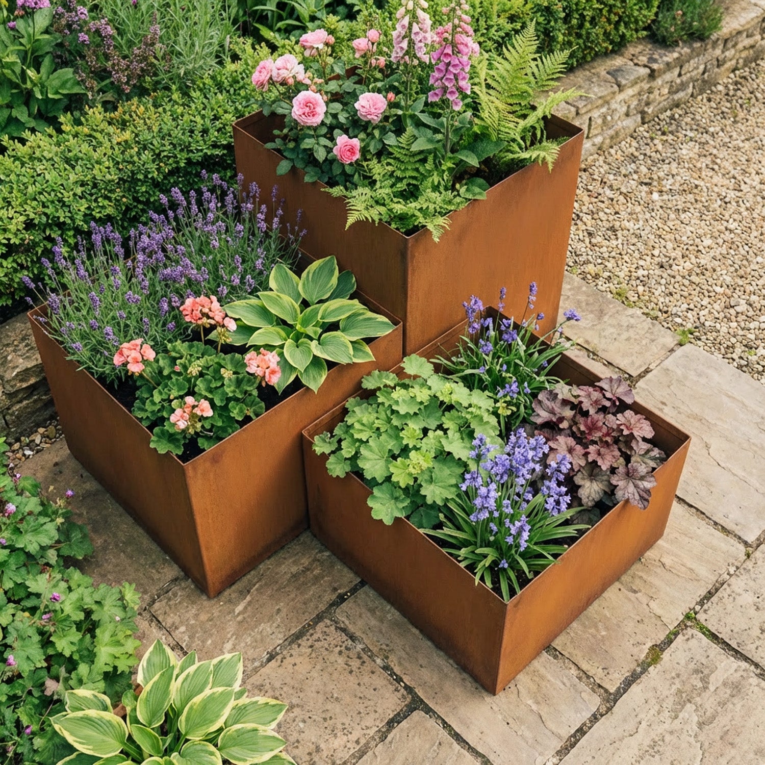 Square Rustic Steel Planter - 400mm x 400mm Top x 120mm Height