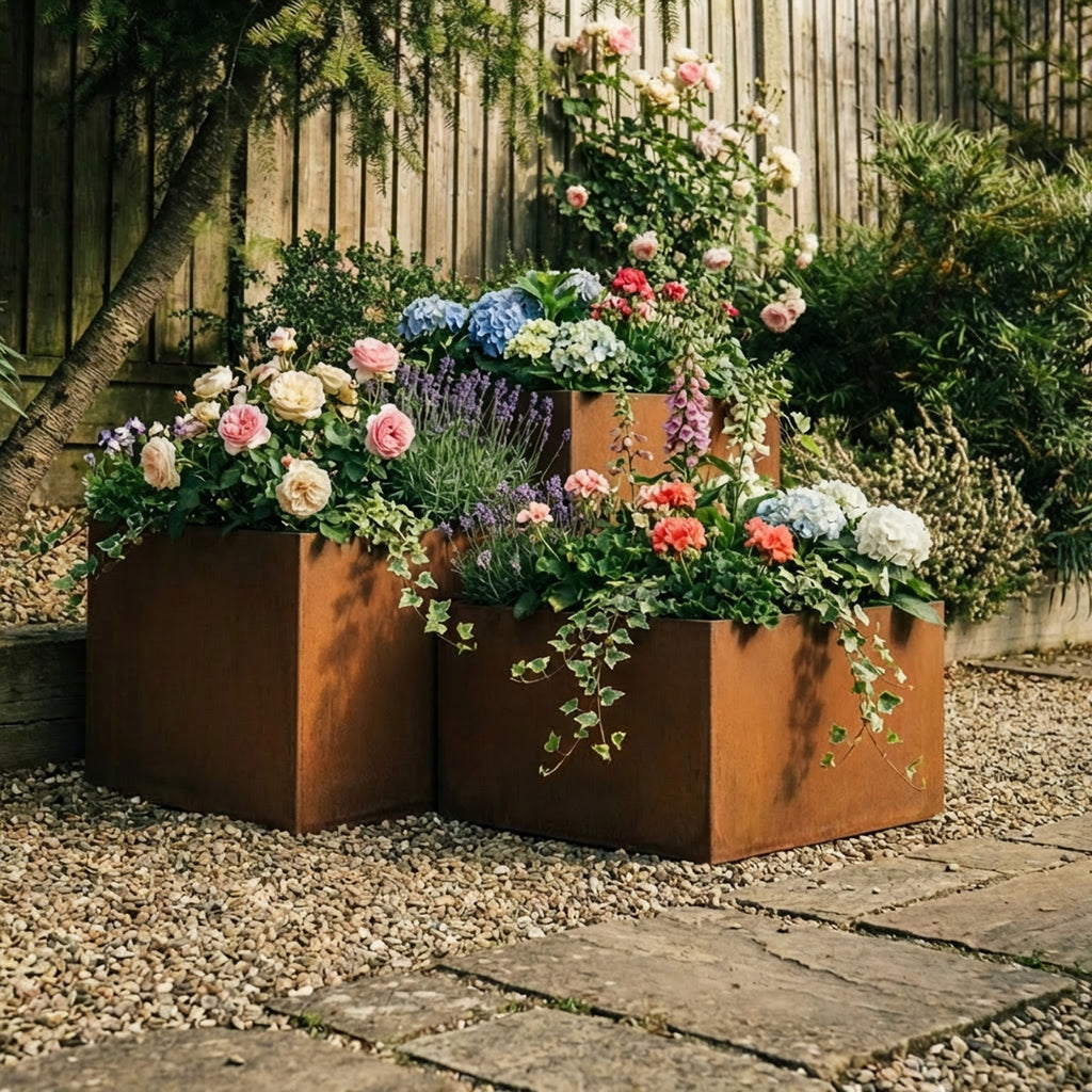 Square Rustic Steel Planter - 600mm x 600mm Top x 300mm Height