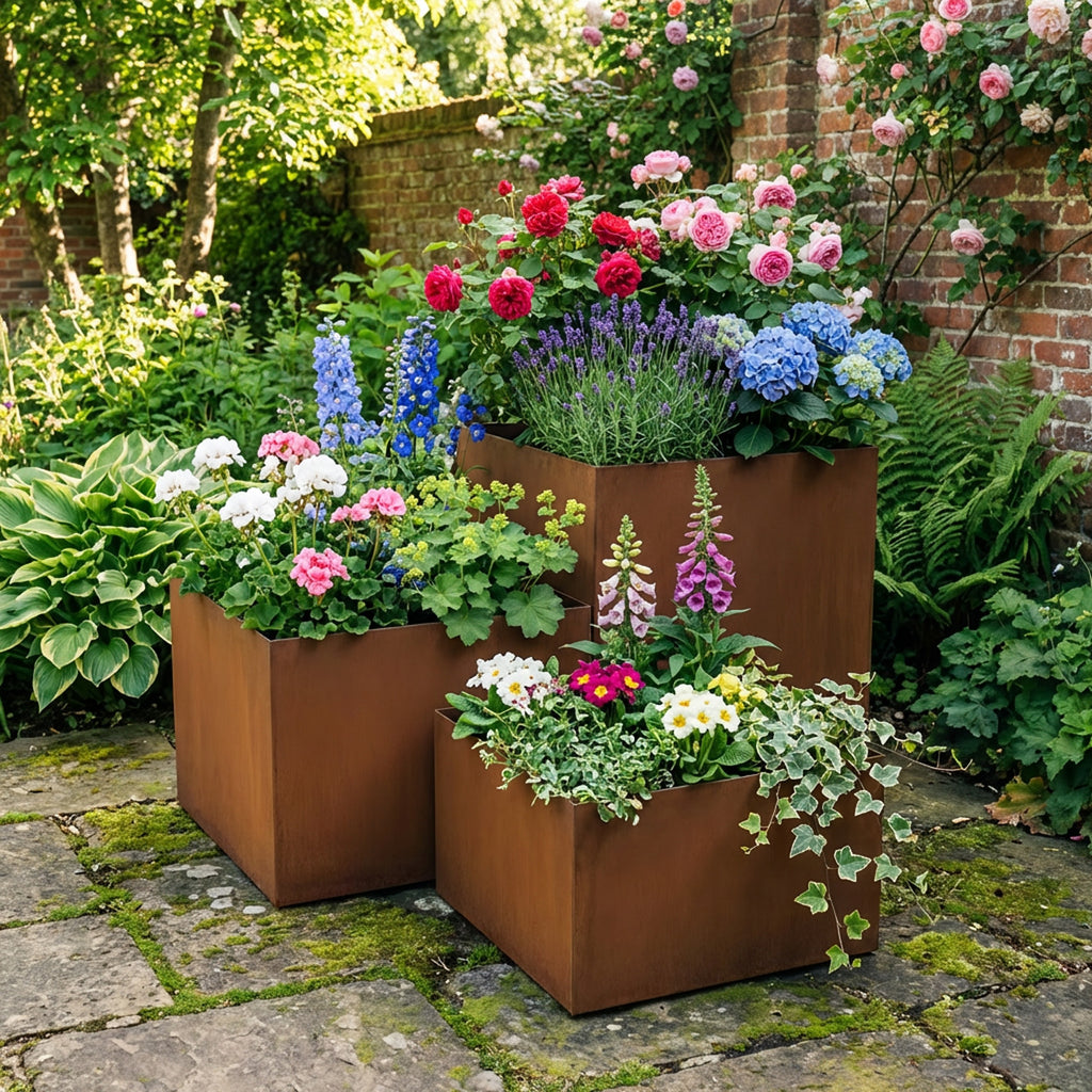Square Rustic Steel Planter - 600mm x 600mm Top x 1000mm Height