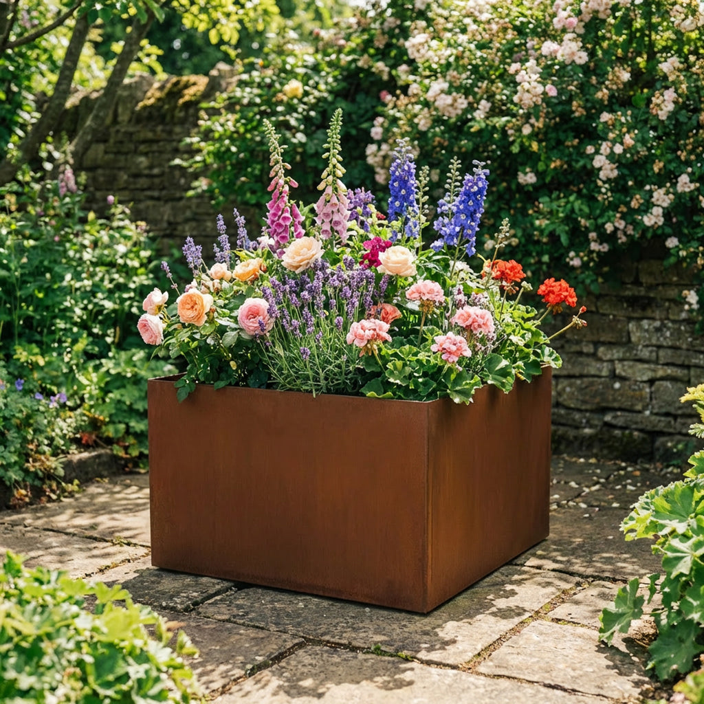 Square Rustic Steel Planter - 600mm x 600mm Top x 300mm Height
