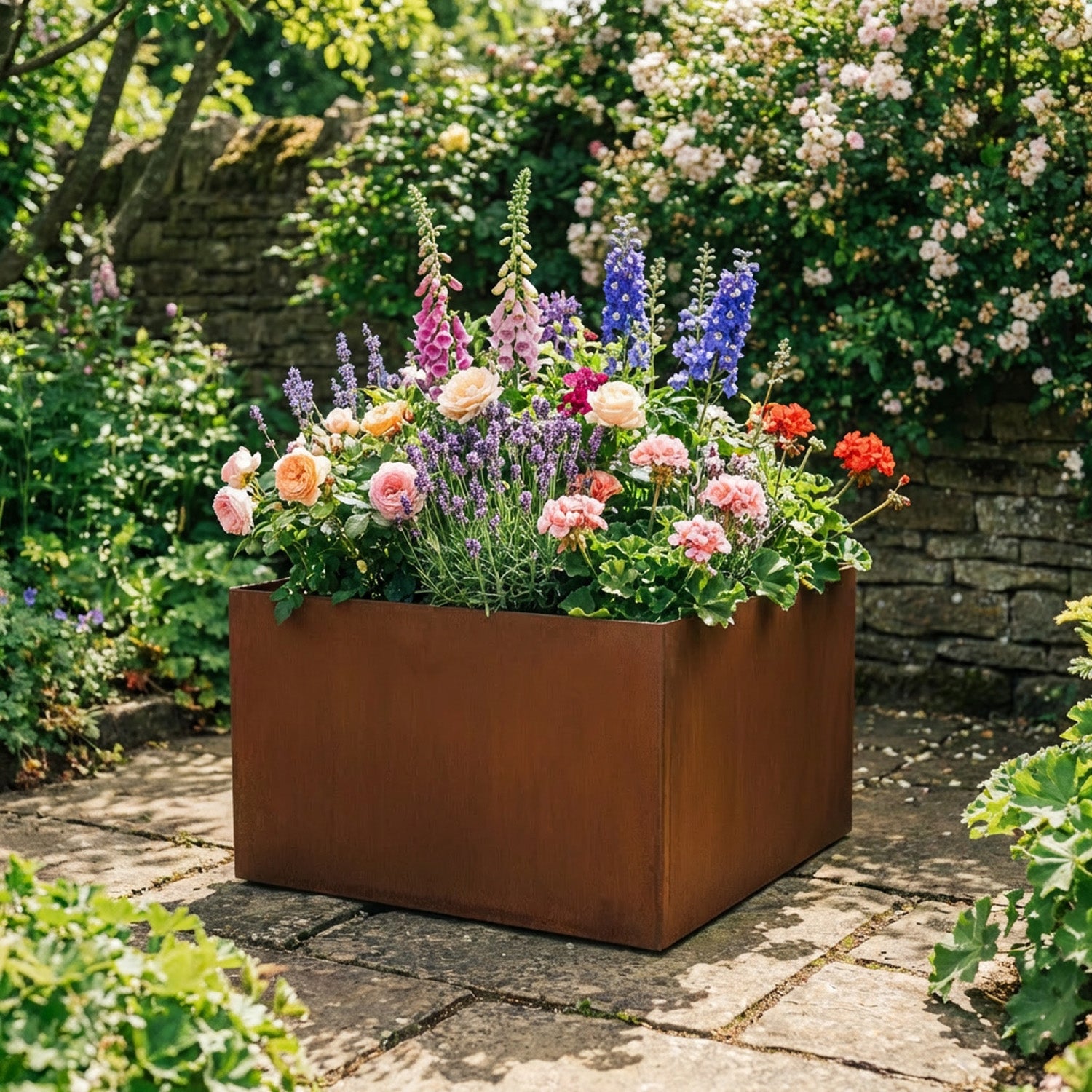 Square Rustic Steel Planter - 400mm x 400mm Top x 600mm Height