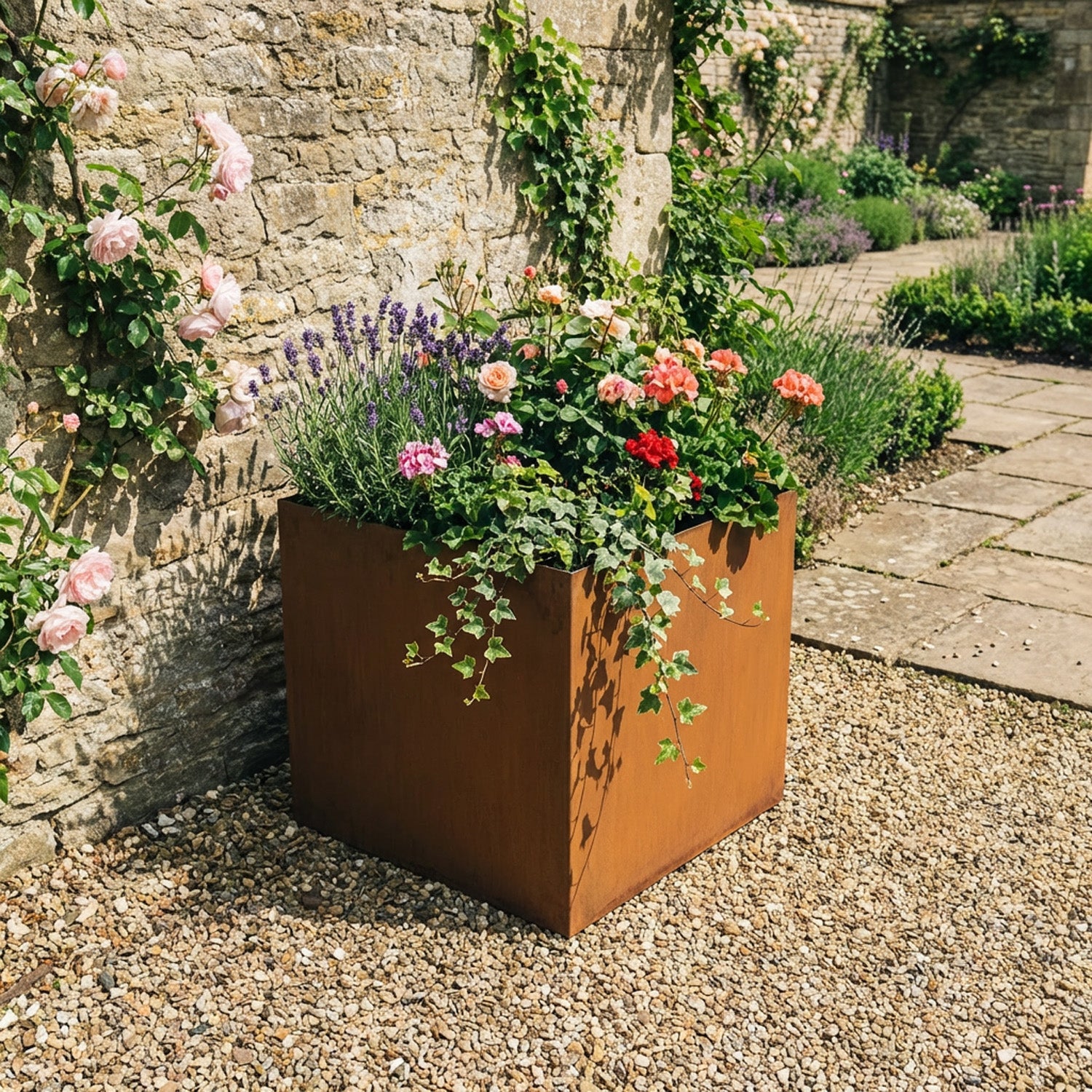 Square Rustic Steel Planter - 400mm x 400mm Top x 600mm Height