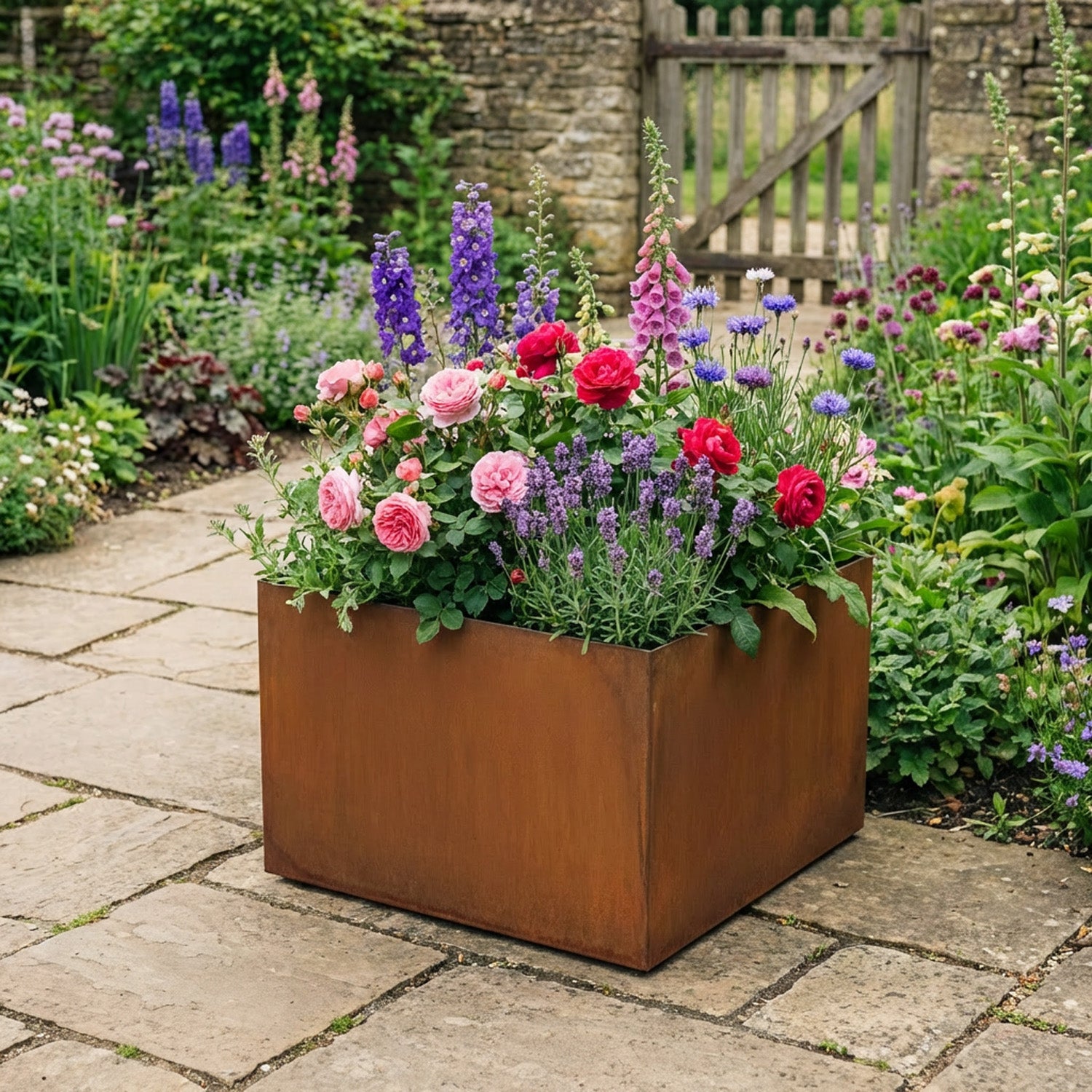 Square Rustic Steel Planter - 400mm x 400mm Top x 400mm Height