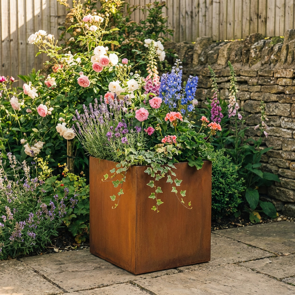 Square Rustic Steel Planter - 400mm x 400mm Top x 400mm Height