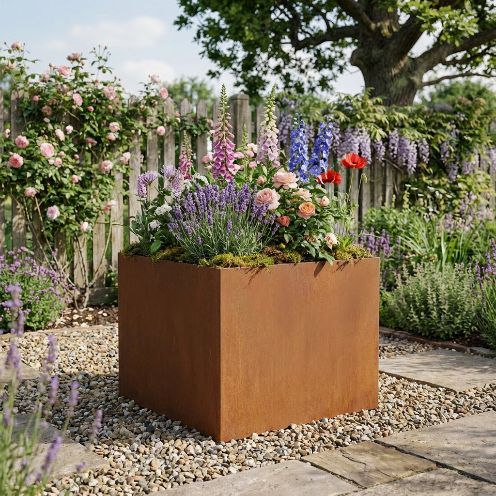 Square Rustic Steel Planter - 400mm x 400mm Top x 300mm Height