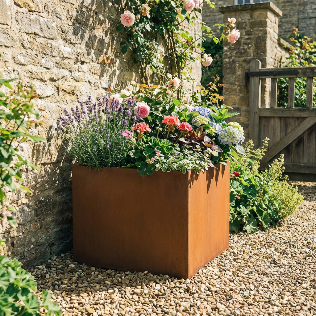 Square Rustic Steel Planter - 600mm x 600mm Top x 600mm Height