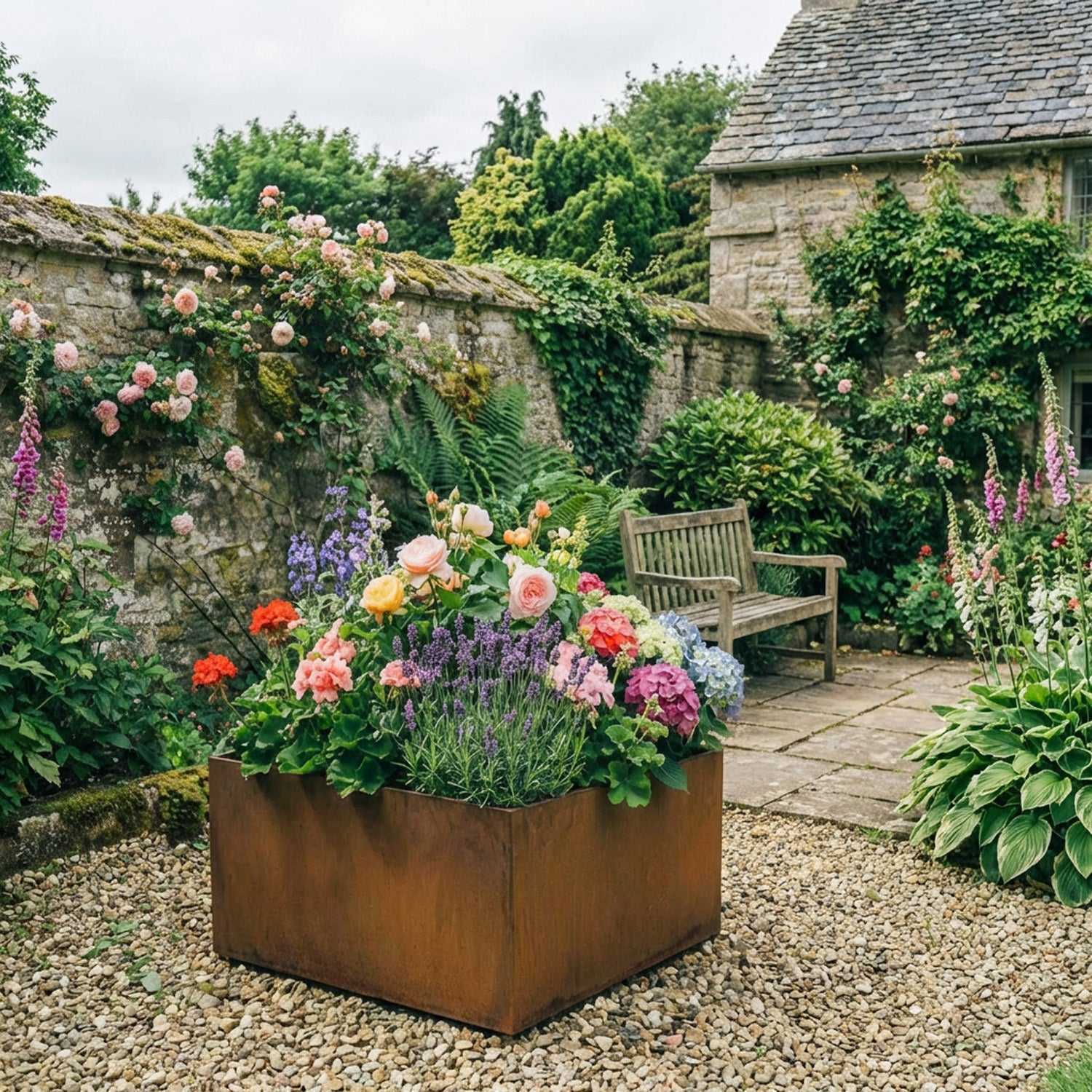 Square Rustic Steel Planter - 400mm x 400mm Top x 300mm Height