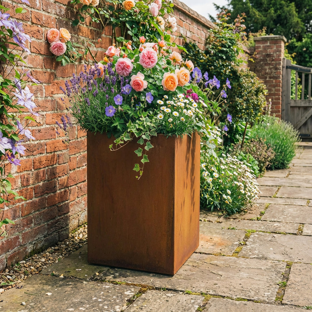 Square Rustic Steel Planter - 600mm x 600mm Top x 1000mm Height