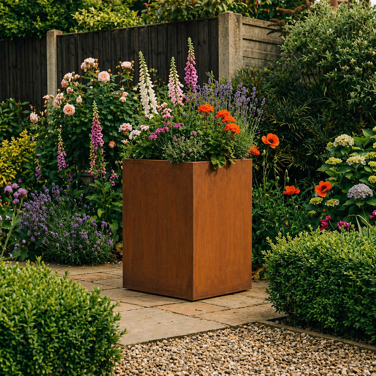Square Rustic Steel Planter - 400mm x 400mm Top x 1000mm Height