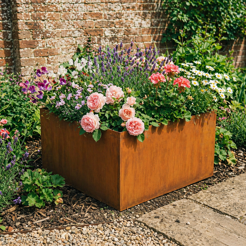 Square Rustic Steel Planter - 600mm x 600mm Top x 300mm Height