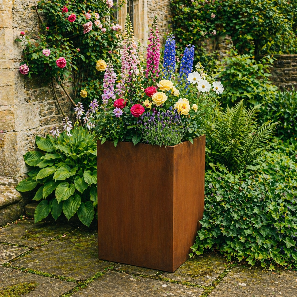 Square Rustic Steel Planter - 400mm x 400mm Top x 1000mm Height